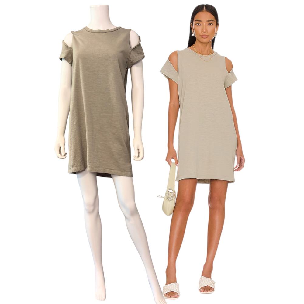 LNA Akio Tee Dress Size Medium Fossil Grey Cotton Cold Shoulder Minimalist Mini